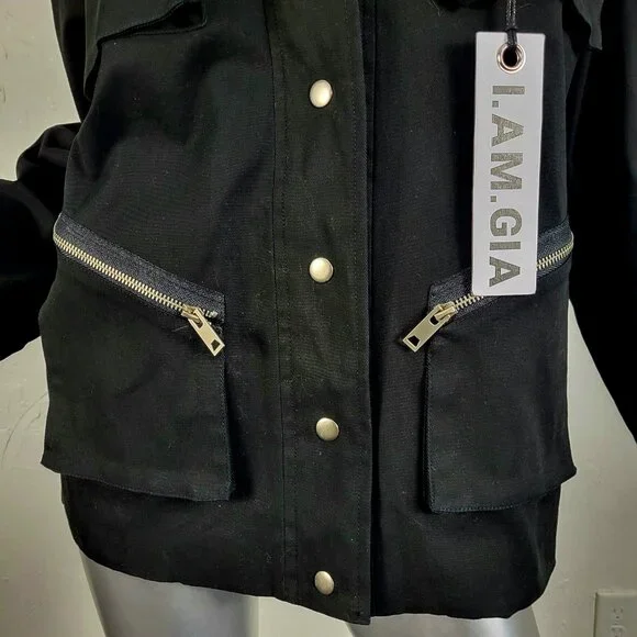 NWT~$295~I AM GIA~S/M~BLACK MILITARY UTILITY CARGO DENIM JEAN JACKET COAT - Picture 10 of 16